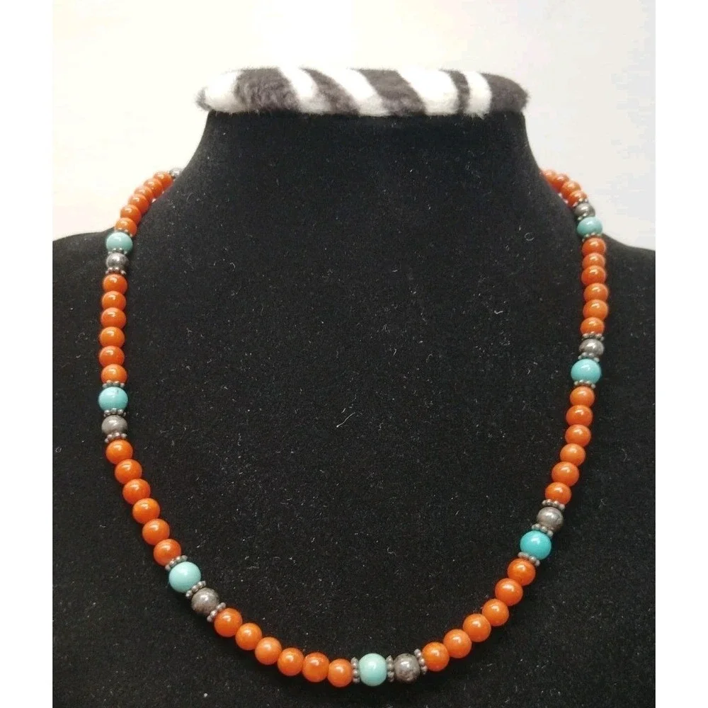 VTG Rare Southwestern Coral & Turquoise Sterling Silver Beads Neacklace 16